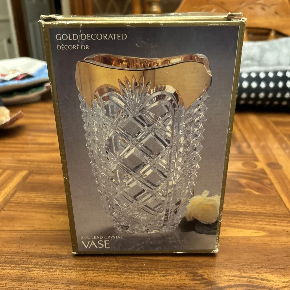 Collectible Fostoria Lead Crystal‎ Geometric Glass Clear Vase Gold Trim W Box